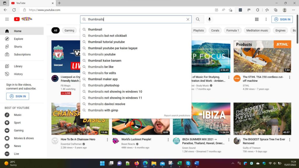 Screenshot of a YouTube search query